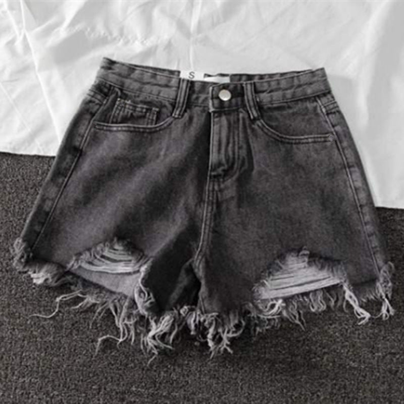 Damen Destroyed Denim Shorts mit hohem Bund und Fransensaum