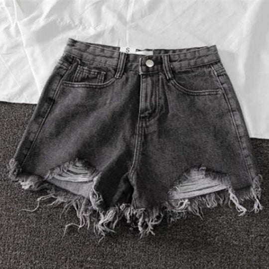 Damen Destroyed Denim Shorts mit hohem Bund und Fransensaum