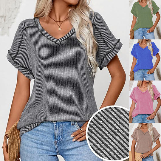 Damen Geripptes V-Ausschnitt Kurzarm-Feinstricktop mit umgeschlagenen Ärmeln Shop Nory