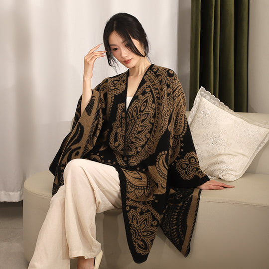 Damen Jacquard-Wollcape mit Paisley-Muster und offenem Überwurf Shop Nory