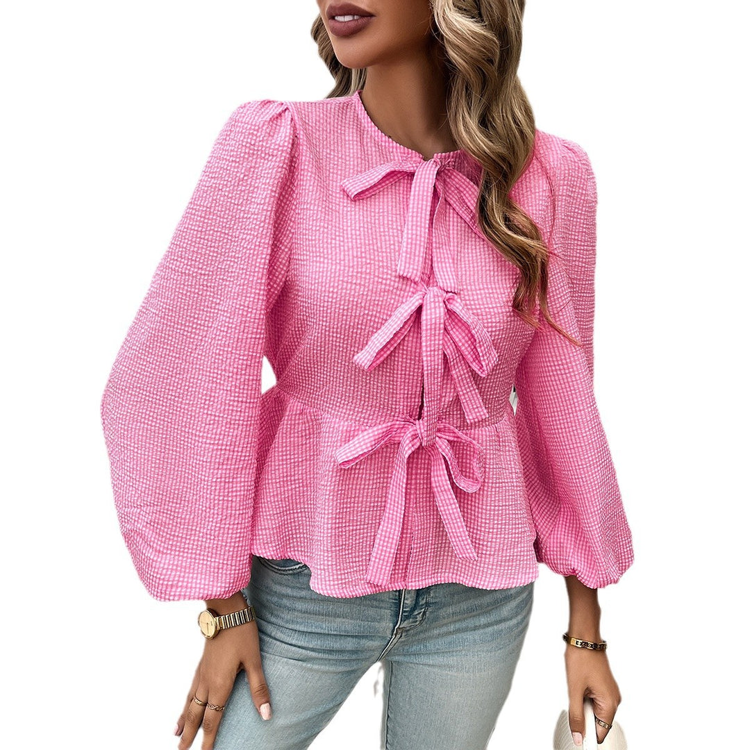 Damen nan geraffte Vichy-Bluse mit dekorativen Schleifenverschlüssen und Ballonärmeln Shop Nory