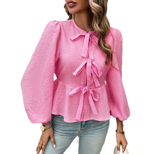 Damen nan geraffte Vichy-Bluse mit dekorativen Schleifenverschlüssen und Ballonärmeln Shop Nory