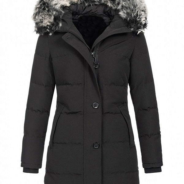Damen Lang geschnittener Steppparka mit Kapuze, Tunnelzug & Kunstfellbesatz Shop Nory