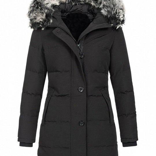 Damen Lang geschnittener Steppparka mit Kapuze, Tunnelzug & Kunstfellbesatz Shop Nory