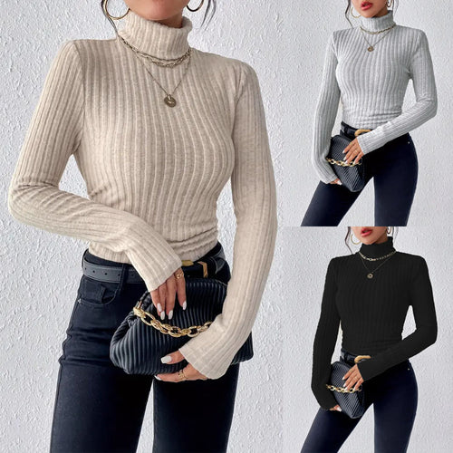 Damen Figurbetonter Rippstrick-Rollkragenpullover mit langen Ärmeln Shop Nory