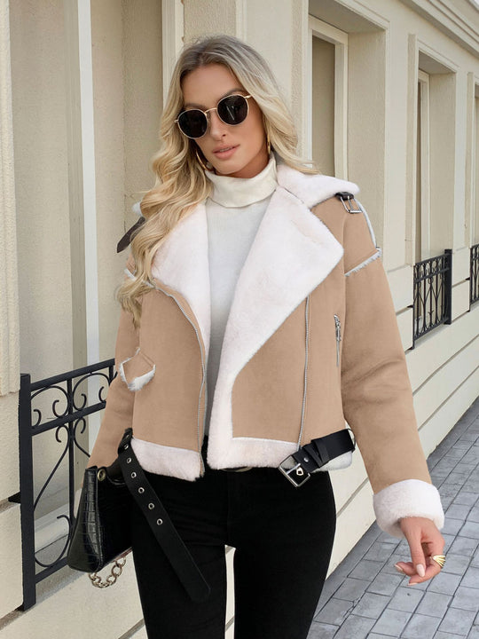 Damen Modische Kunstlederjacke mit luxuriösem Kunstfellbesatz