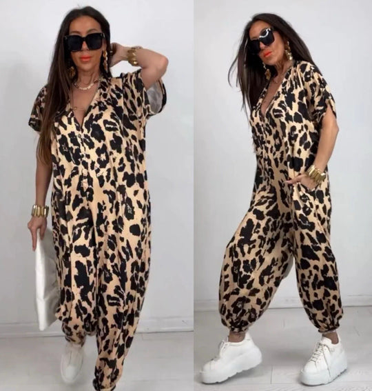 Damen LEOPARD-Muster Jumpsuit mit lässigem Schnitt und praktischen Taschen Shopnory