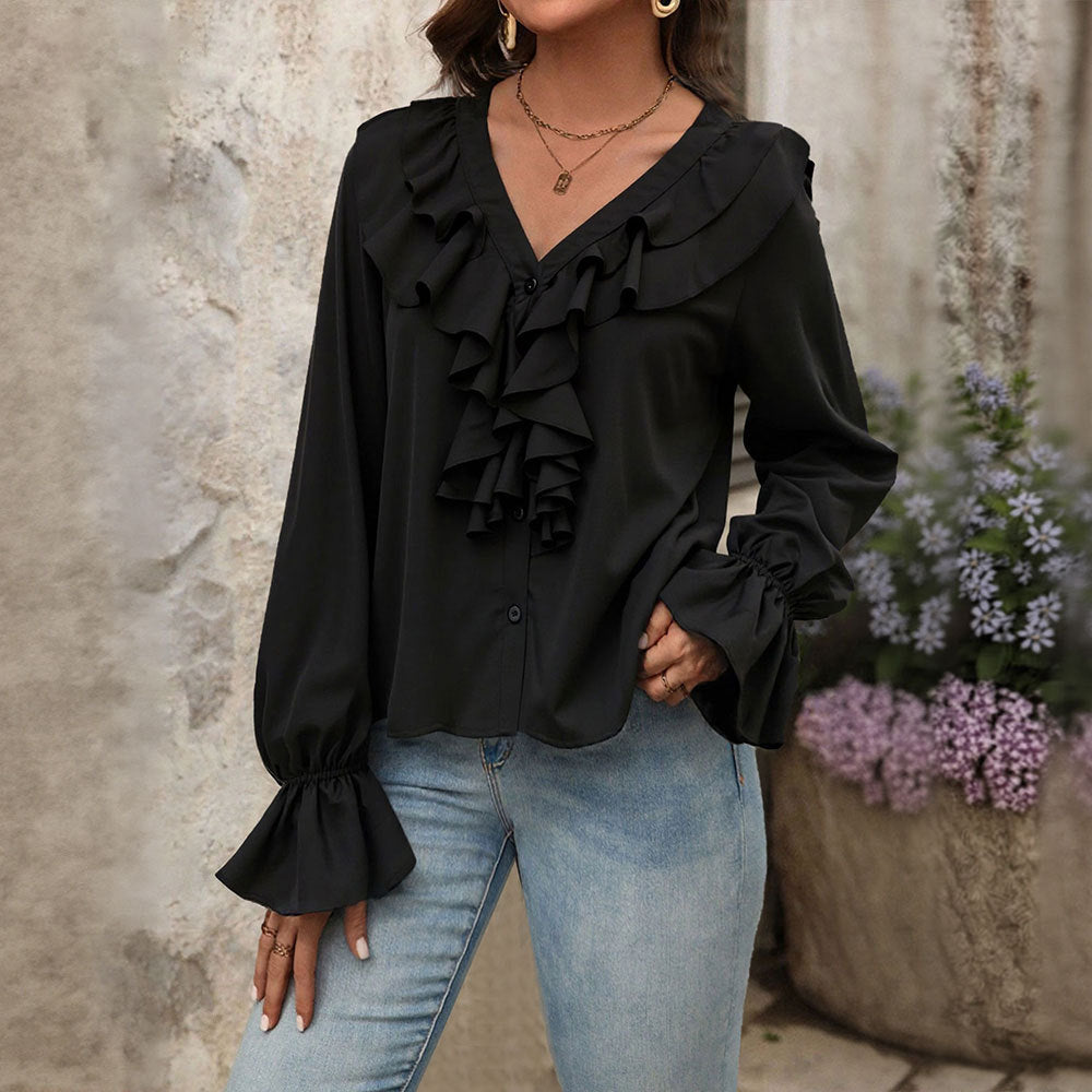 Damen feminine Rüschenbluse mit V-Ausschnitt Volantreihe und Glockenärmeln Shop Nory