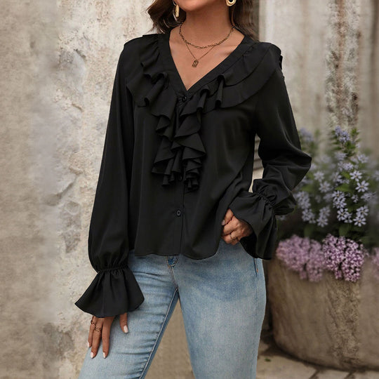Damen feminine Rüschenbluse mit V-Ausschnitt Volantreihe und Glockenärmeln Shop Nory