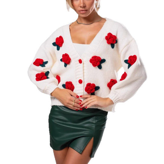 Damen Geblümter Strick-Cardigan mit 3D-Blumenapplikationen und V-Ausschnitt Shop Nory