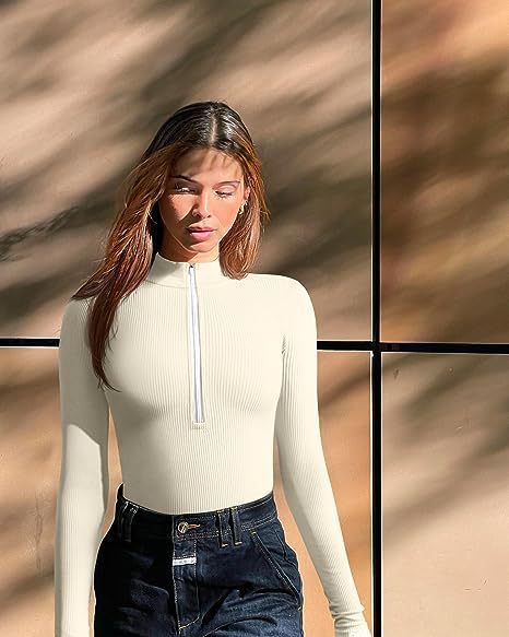 Damen Enganliegendes Rippstrick-Longsleeve mit Halbzip und Stehkragen Shop Nory