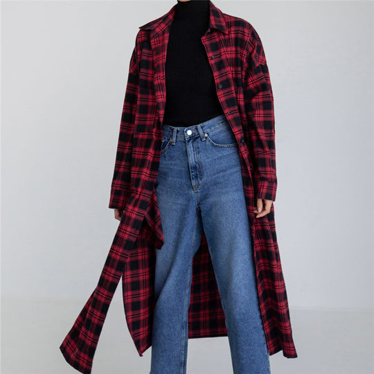 Damen Langer kariierter Hemdmantel mit Taillenband und Seitenschlitzen Shop Nory