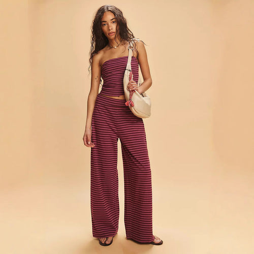 Damen lässiges Loungewear-Set mit geripptem Oberteil und weiten Hosen