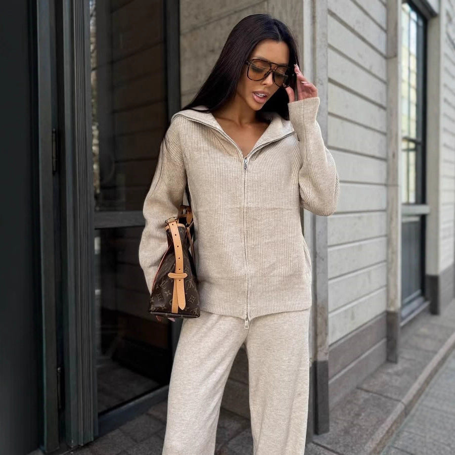 Damen Feinstrick-Loungewear-Set mit Zwei-Wege-Reißverschluss und weitem Umlegekragen Shop Nory