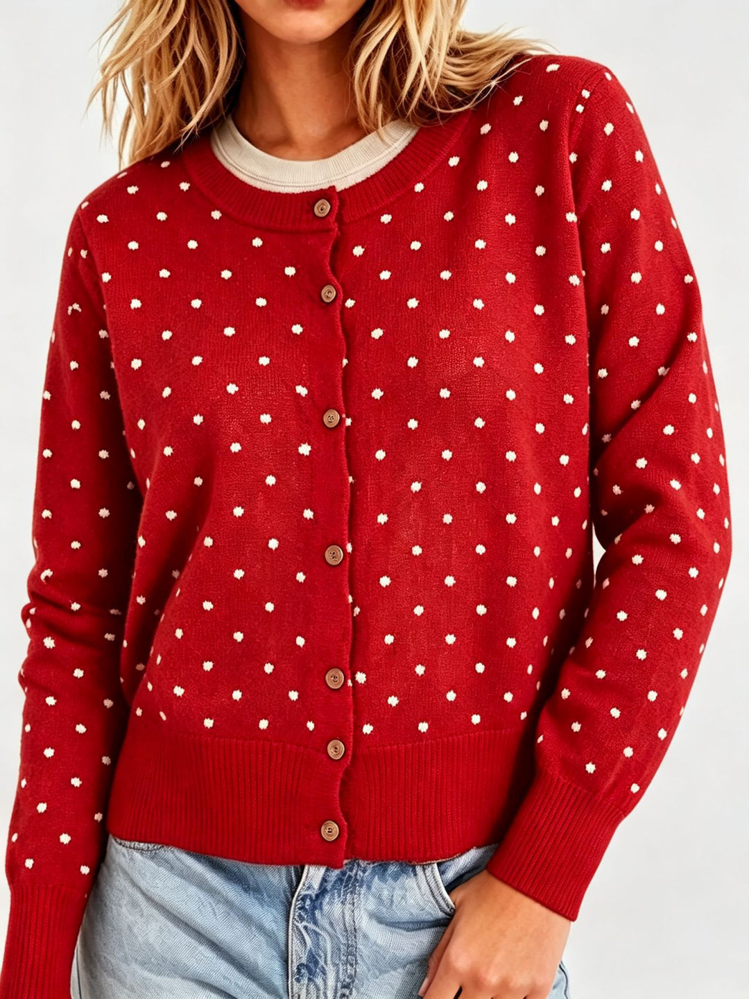 Damen Gepunktete Feinstrick-Cardigan mit Rundhals und Rippbündchen Shop Nory