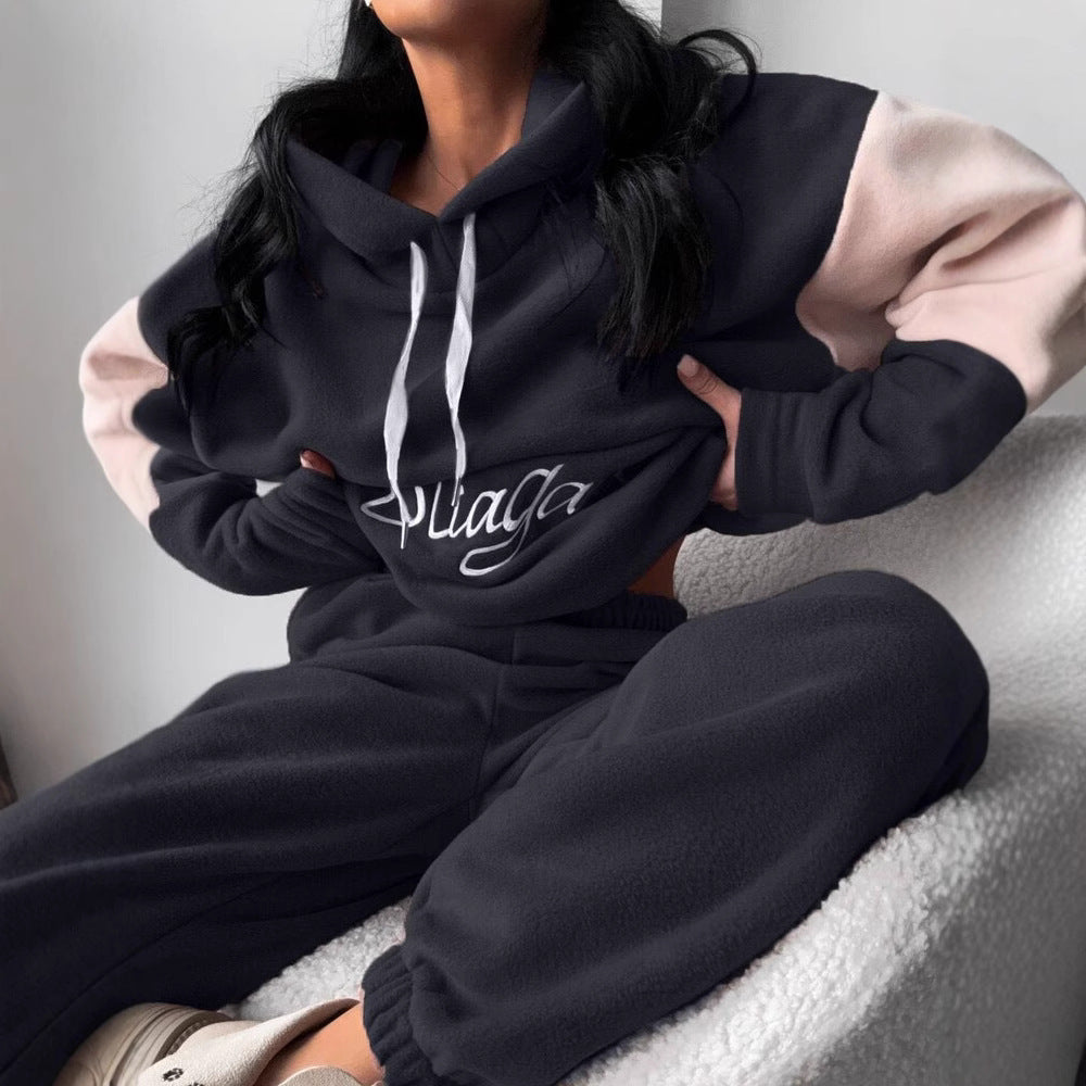 Damen kuscheliges Hoodie-Set mit kontrastärmel, elastischer High-Waist-Jogginghose und überschnittener Kapuze Shop Nory