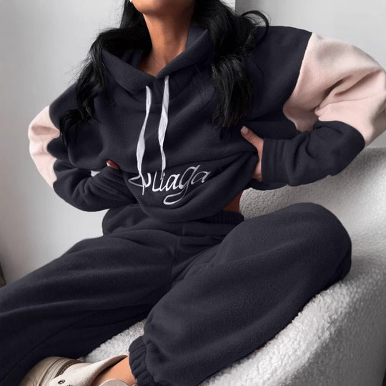 Damen kuscheliges Hoodie-Set mit kontrastärmel, elastischer High-Waist-Jogginghose und überschnittener Kapuze Shop Nory