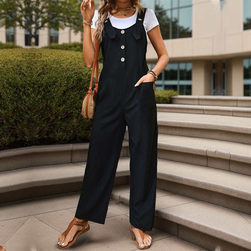 Damen Weichfallender Latz-Jumpsuit mit weitem Bein und Holzknopf‑Verschluss Shop Nory