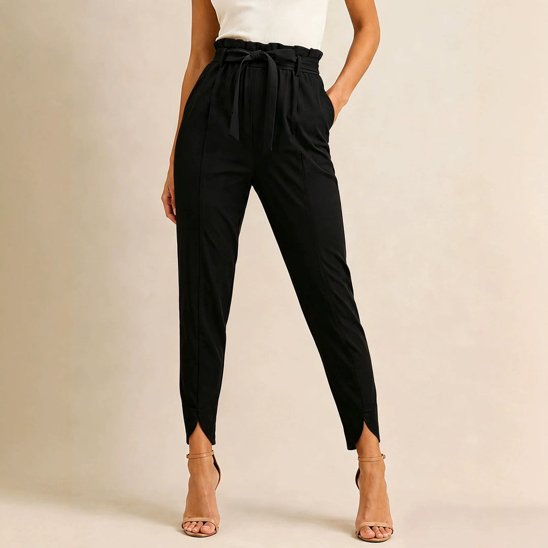 Damen hoch taillierte Paperbag-Hose mit Bindegürtel und geschlitztem Knöchelabschluss Shop Nory