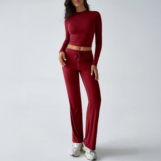 Damen nan tailliertes Longsleeve-Crop-Top und weite Lounge-Hose im Zweiteiler-Set aus Stretchjersey Shop Nory