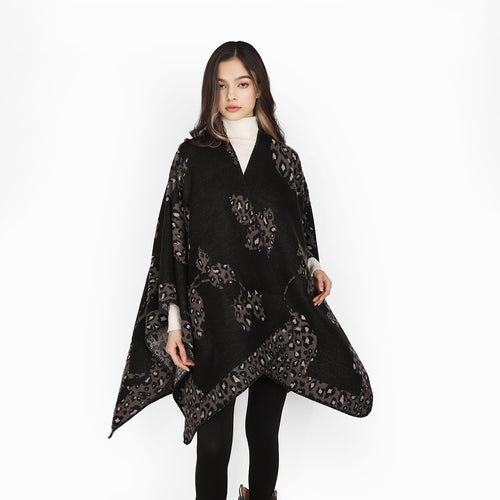 Damen Wolloptik-Überwurf mit gewebtem Leopard-Jacquard und offenem Zipfelrand Shop Nory