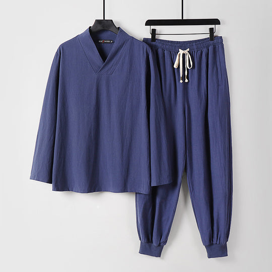 Herren Leichtes Kimono-Loungewear-Set aus Baumwollmix mit V‑Ausschnitt und elastischer Bündchenhose Shop Nory