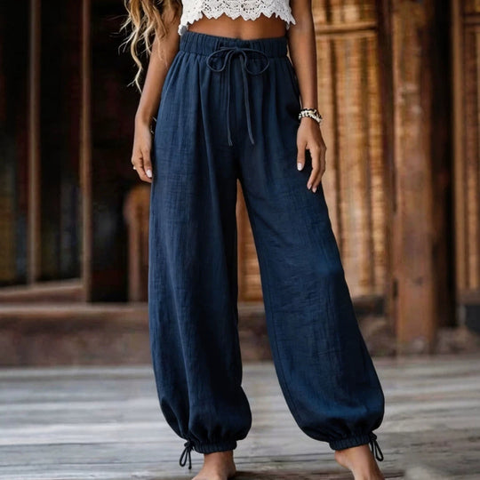 Damen Leichte Leinenhose mit weitem Bein und elastischem Bund Shop Nory