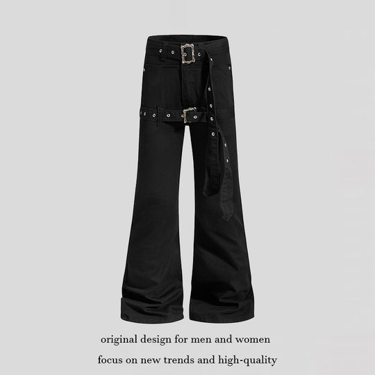 Damen High‑Waist Schlag-Cargohose mit weitem Bein, Doppelgürtel und Metallösen Shop Nory