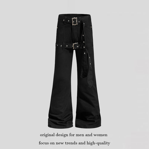 Damen High‑Waist Schlag-Cargohose mit weitem Bein, Doppelgürtel und Metallösen Shop Nory