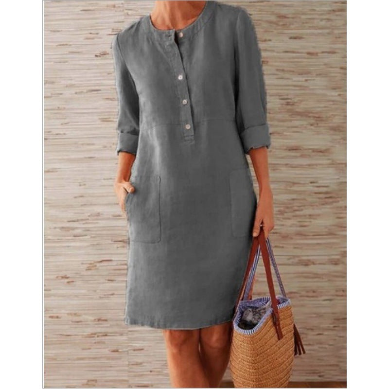 Damen Locker geschnittenes Leinenoptik-Kleid mit dreiviertel-Ärmeln, Knopfleiste und Eingrifftaschen Shop Nory