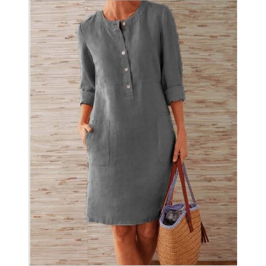 Damen Locker geschnittenes Leinenoptik-Kleid mit dreiviertel-Ärmeln, Knopfleiste und Eingrifftaschen Shop Nory