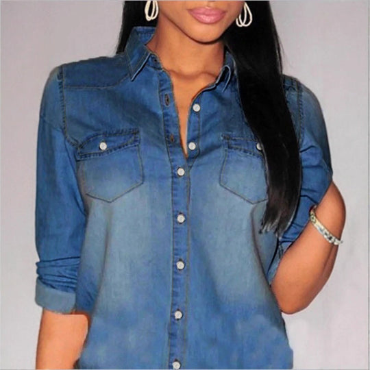 Damen taillierte Denim-Hemdbluse mit Brusttaschen und Perlmuttknöpfen Shop Nory