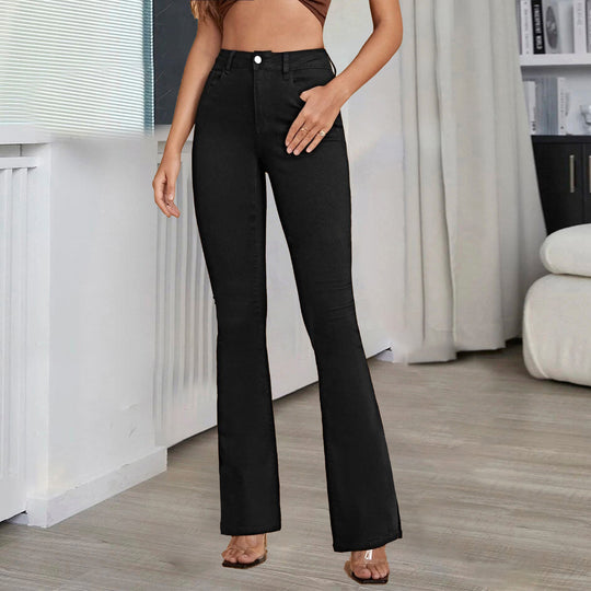 Damen taillenhohe Schlaghose aus Stretch-Denim mit Mittelnaht und figurformendem Schnitt Shop Nory