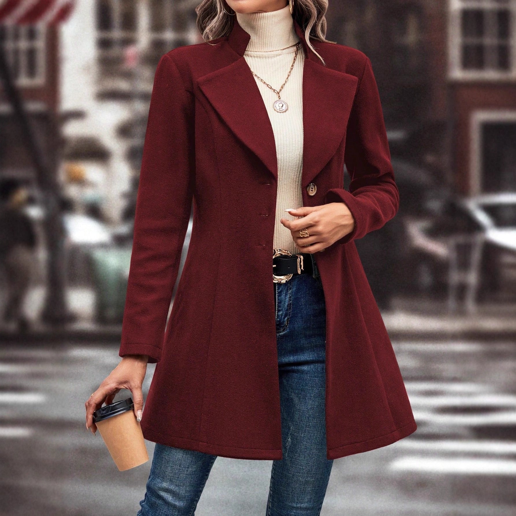 Damen eleganter Langblazer mit modernem Kragen und tailliertem Schnitt