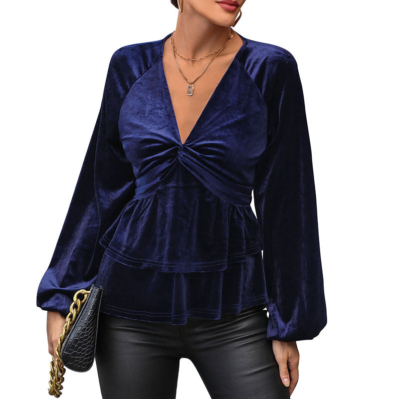 Damen Samt-Peplum-Bluse mit tiefem V-Ausschnitt, gedrehter Brustnaht und Ballonärmeln Shop Nory