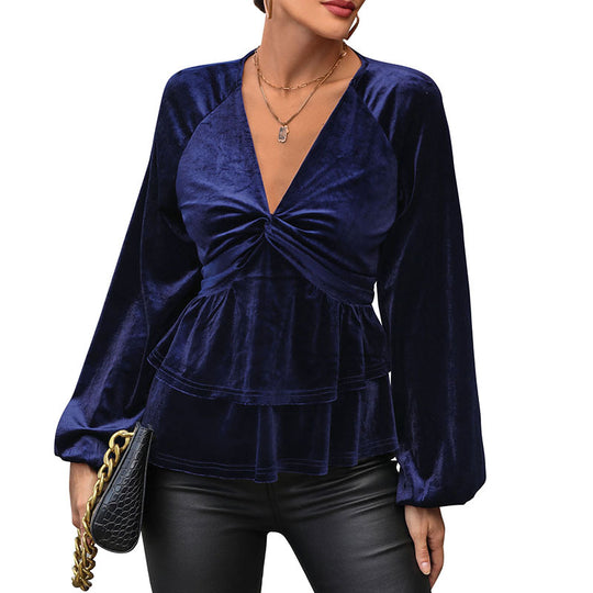 Damen Samt-Peplum-Bluse mit tiefem V-Ausschnitt, gedrehter Brustnaht und Ballonärmeln Shop Nory