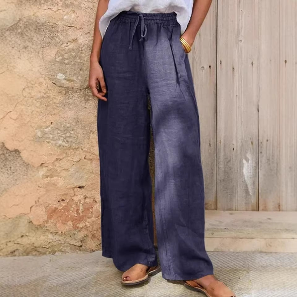 Damen Hochgeschnittene Leinenpalazzo-Hose mit Kordelzug und weitem Bein Shop Nory