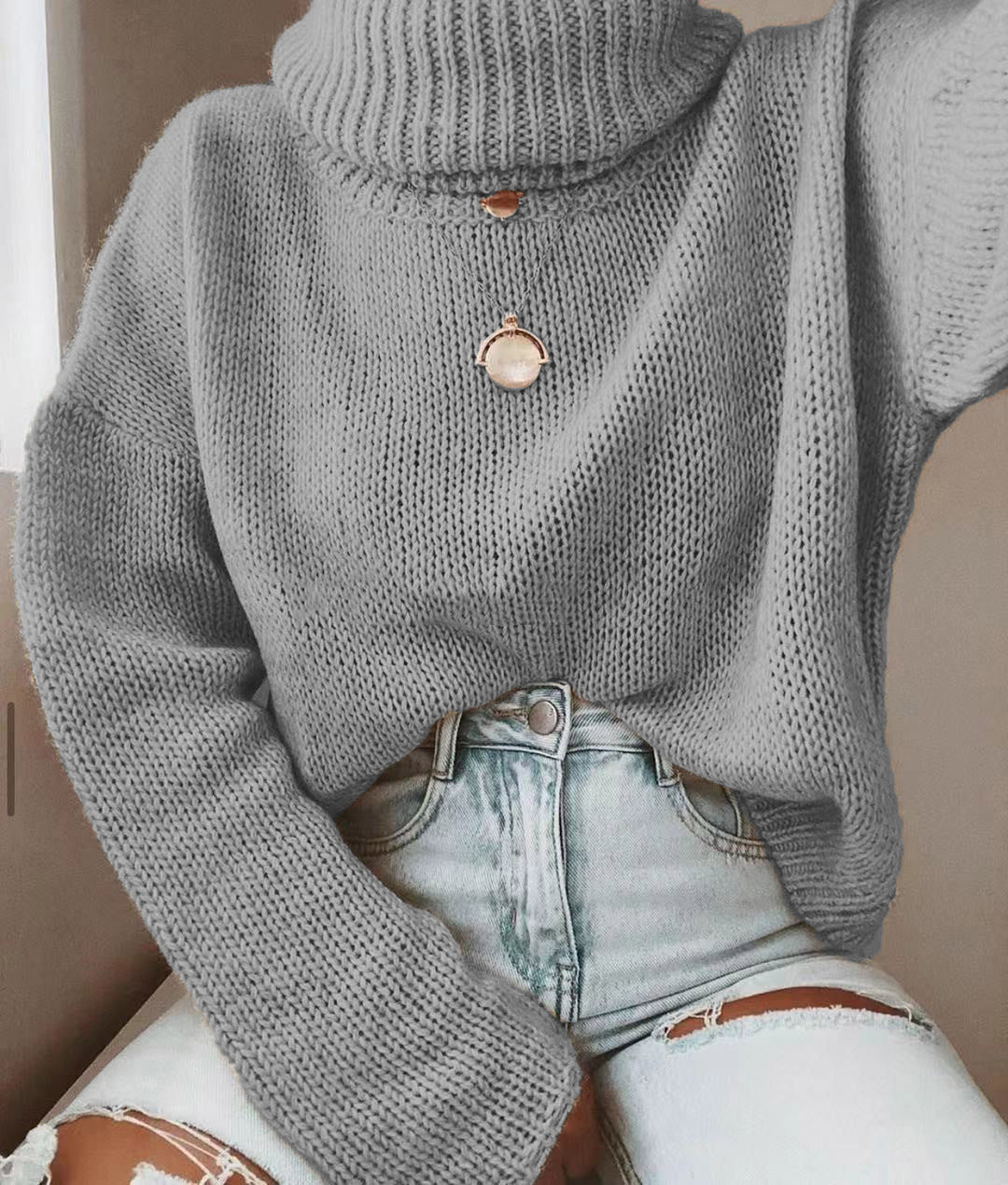 Damen Oversize Rollkragenpullover grobgestrickt mit weitem Schnitt Shop Nory