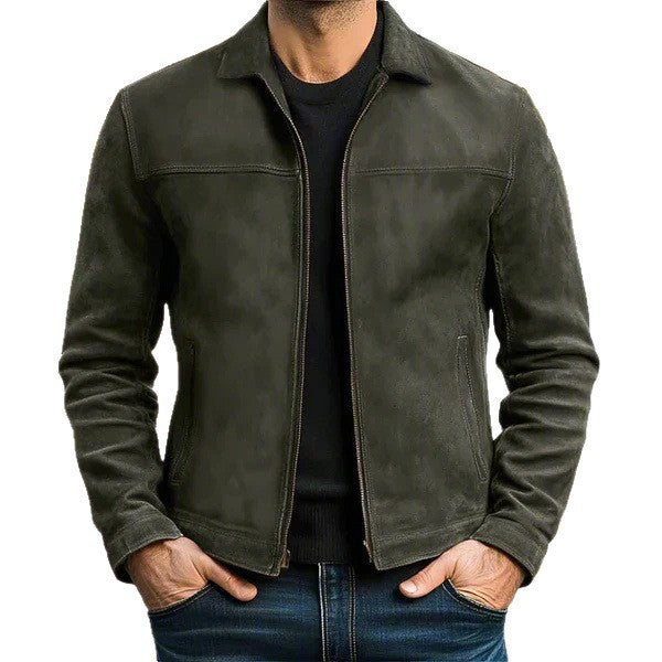Herren nan schlanke Veloursleder-Jacke mit klassischem Kragen und verdecktem Reißverschluss Shop Nory
