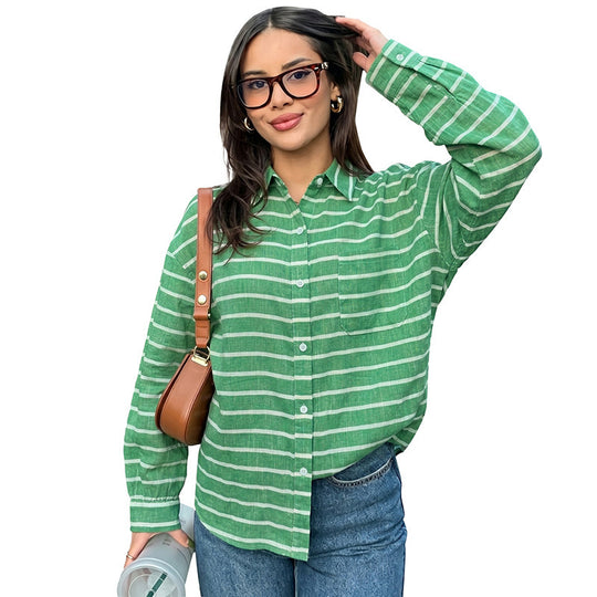 Damen Legere gestreifte Oversize-Hemdbluse aus Leinenoptik mit Brusttasche Shop Nory