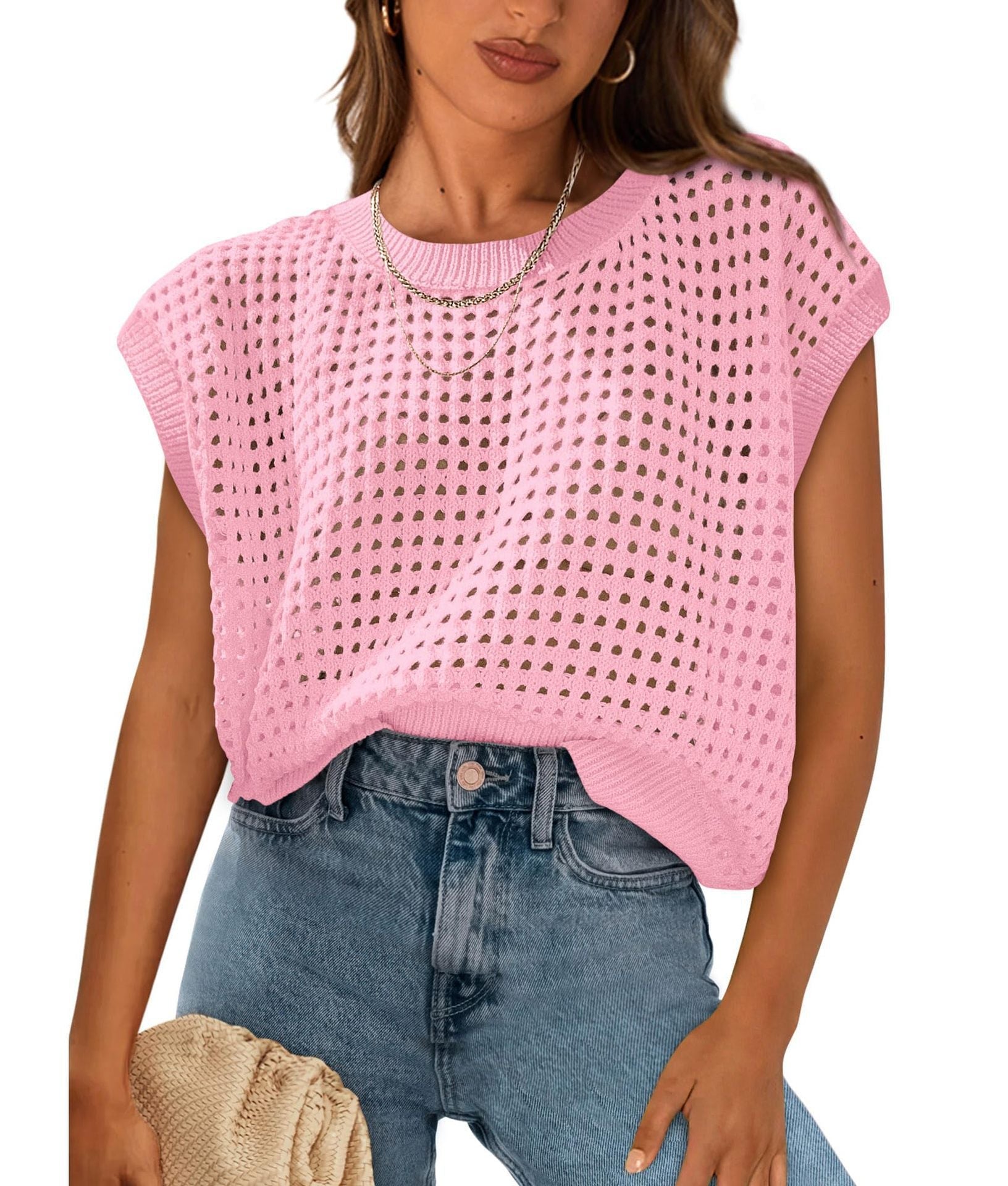 Damen luftiger Grobstrickpullover mit modernem Lochmuster