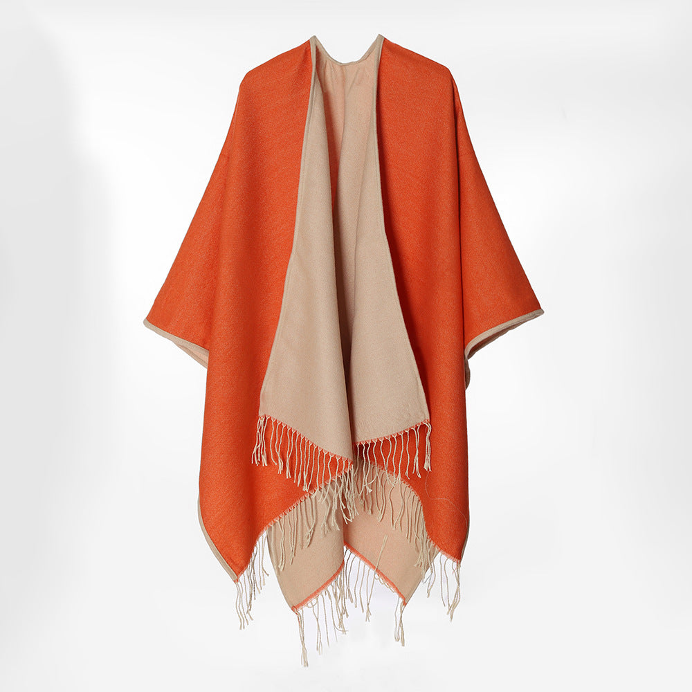 Damen Zweilagiger Oversize-Cape mit Fransen und offenem Wasserfall-Schnitt Shop Nory