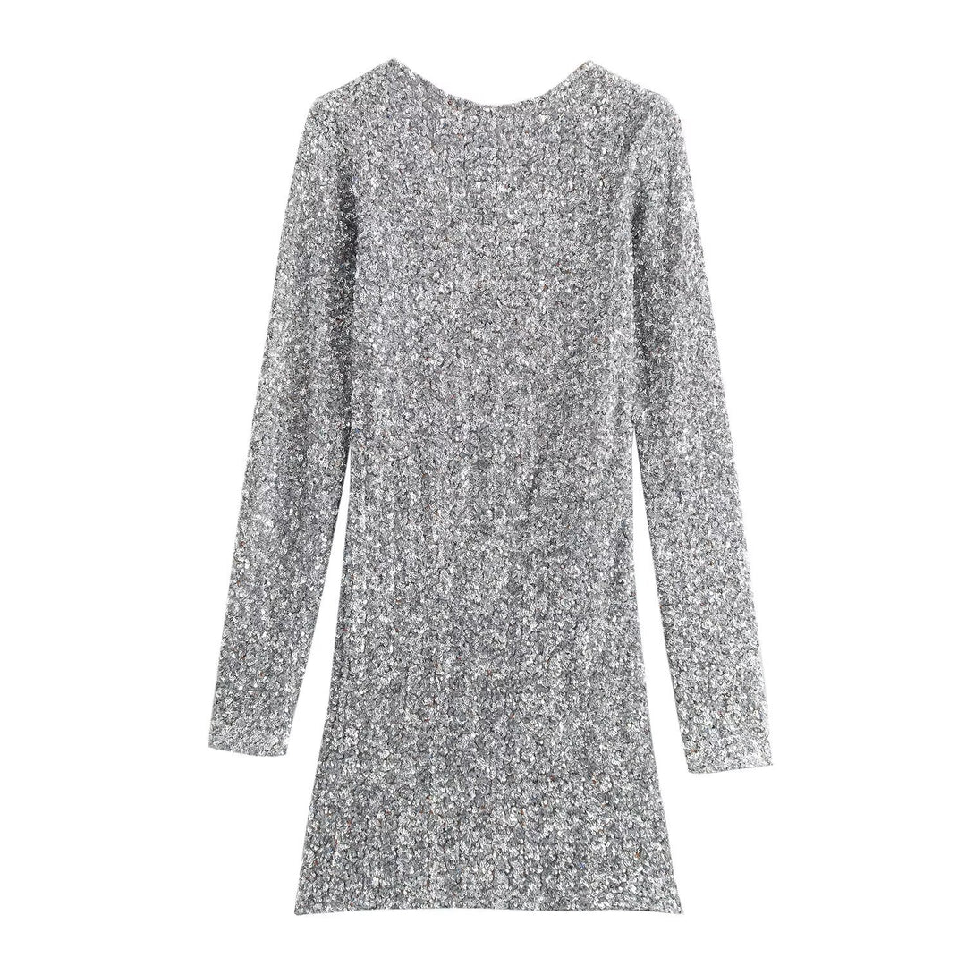 Damen Pailletten-Minikleid mit langen Ärmeln und U-Boot-Ausschnitt Shop Nory