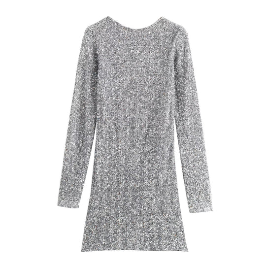 Damen Pailletten-Minikleid mit langen Ärmeln und U-Boot-Ausschnitt Shop Nory