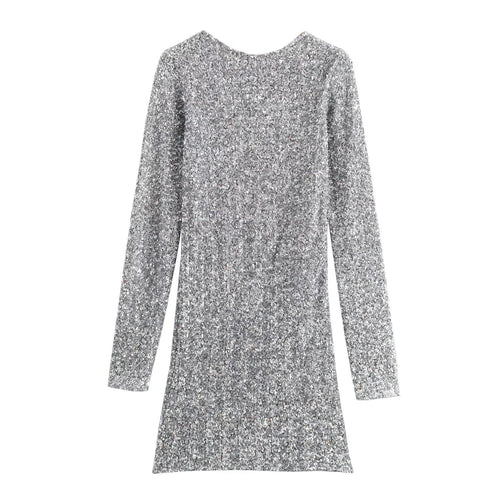 Damen Pailletten-Minikleid mit langen Ärmeln und U-Boot-Ausschnitt Shop Nory