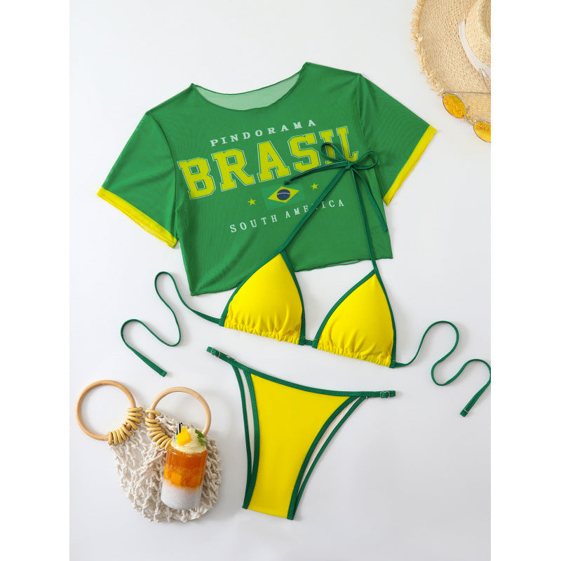 Damen Crop-Top Bikini-Set mit sportlichem Schnitt und Brasil-Print