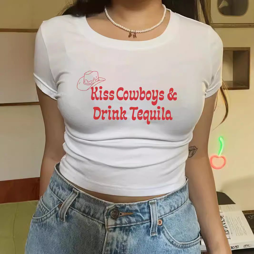 Damen Crop-T-Shirt mit kreativem Motiv und figurbetontem Schnitt Shopnory