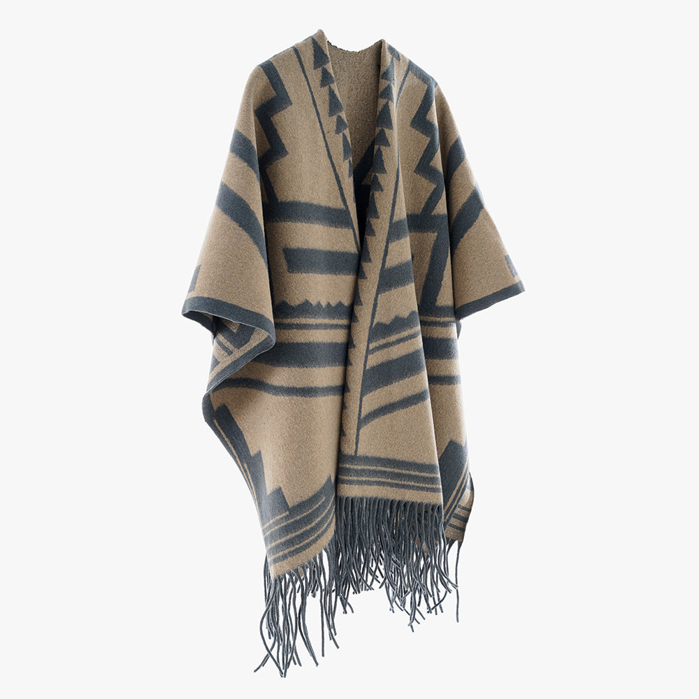 Damen Aztekisch inspirierter Wollmix-Überwurf mit asymmetrischem Fall und Fransensaum Shop Nory