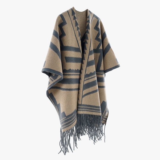 Damen Aztekisch inspirierter Wollmix-Überwurf mit asymmetrischem Fall und Fransensaum Shop Nory