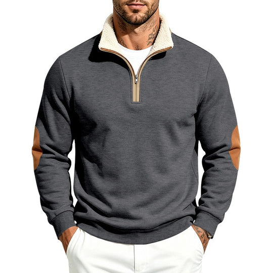 Herren Thermo-Fleece-Halbzippullover mit Teddy-Kragen und Kontrast-Ellbogenpatches Shop Nory